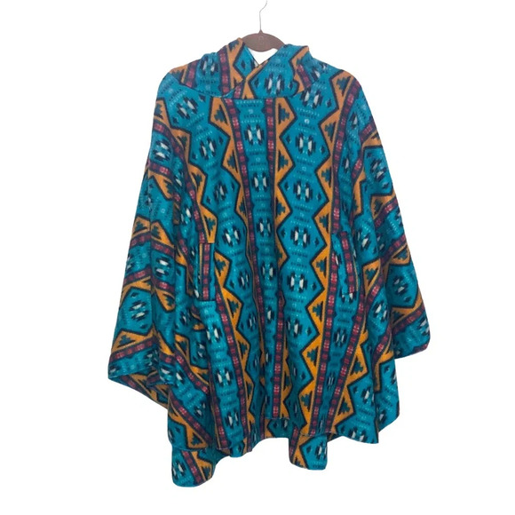 Arseno Poncho OS Hood Pockets Aztec Southwestern Blanket Cape Fleece Soft Warm - Picture 1 of 9
